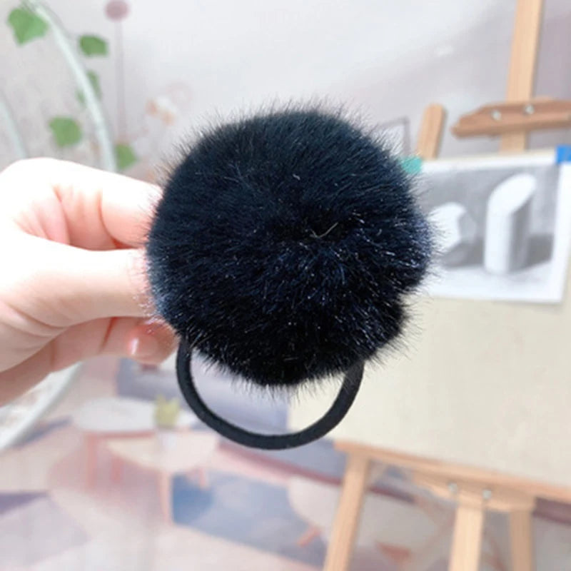 Charming Imitation Rabbit Fur Plush Hair Tie with Pompom - Elastic Ponytail Holder for Girls