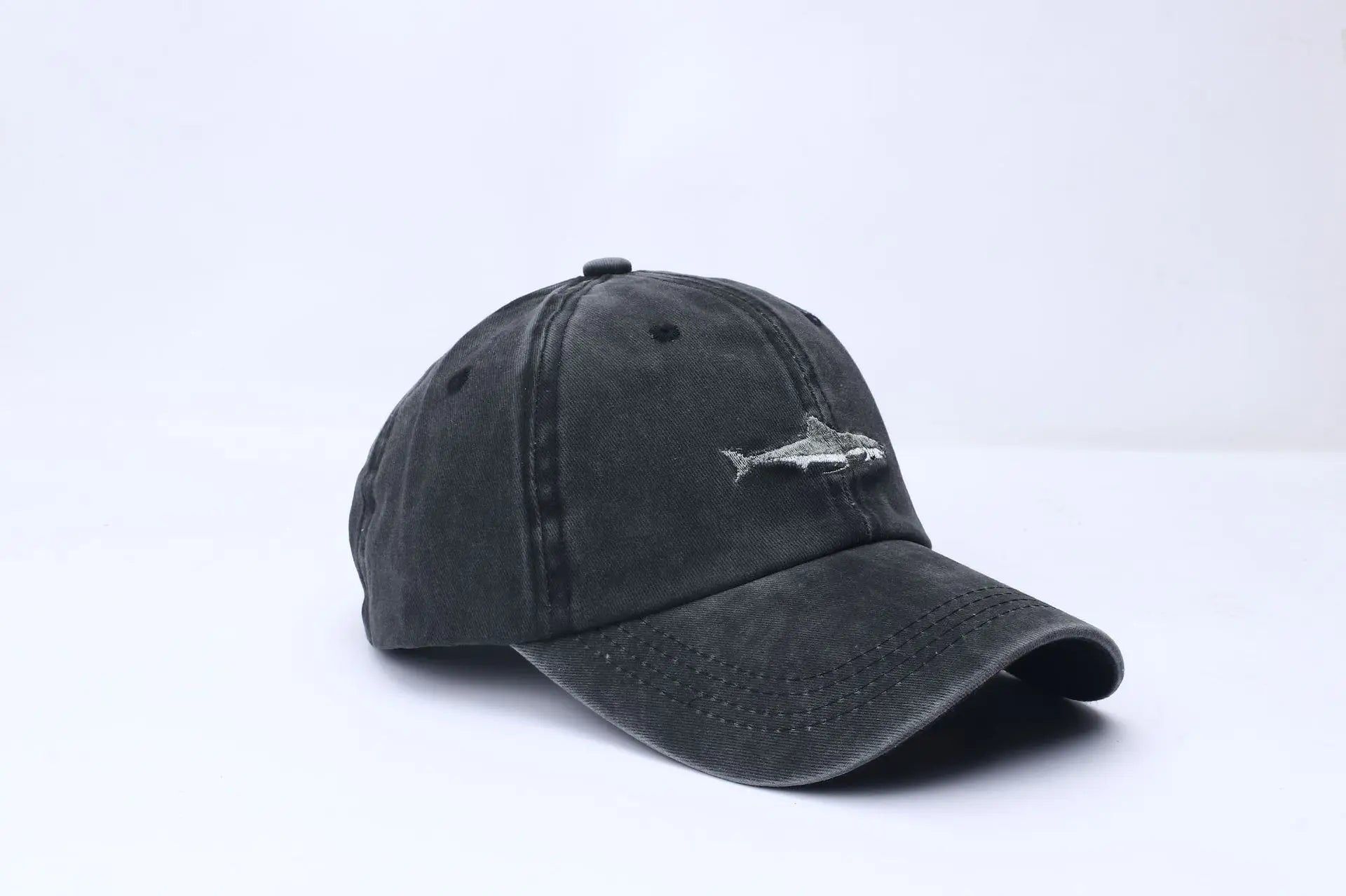 Embroidered Shark Design Washed Cotton Baseball Cap for Men and Women - Hip Hop Style Adjustable Fishing Snapback Hat.