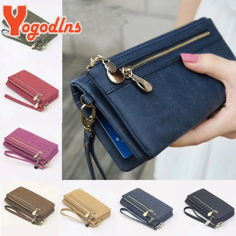 Yogodlns Fashion Nubuck Leather Wallet Female Double Zipper Lady Handbag Clutch Multi-layer Purse Shopping Women Wallet Purse.