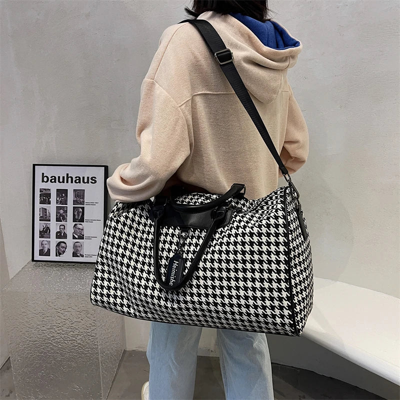 Large Houndstooth Women's Travel Bag Organizer Sports Gym Bag Weekend Duffle Handbag Shoulder Crossbody Bags Packing Cubes Totes.