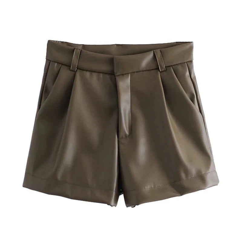 TRAF-Women's Faux Leather Shorts with Side Pockets, High Waist, Zipper Fly, Female Short Pants, Chic Fashion.