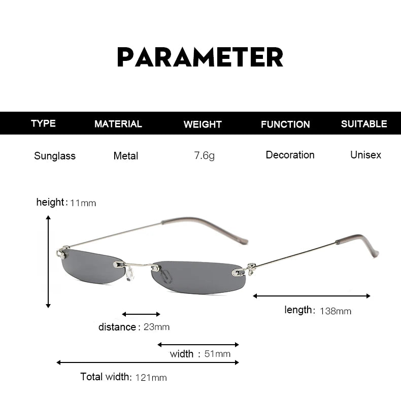 Trendy Rimless Small Sunglasses for Men and Women - Luxury Alloy UV400 Eyewear for Streetwear.