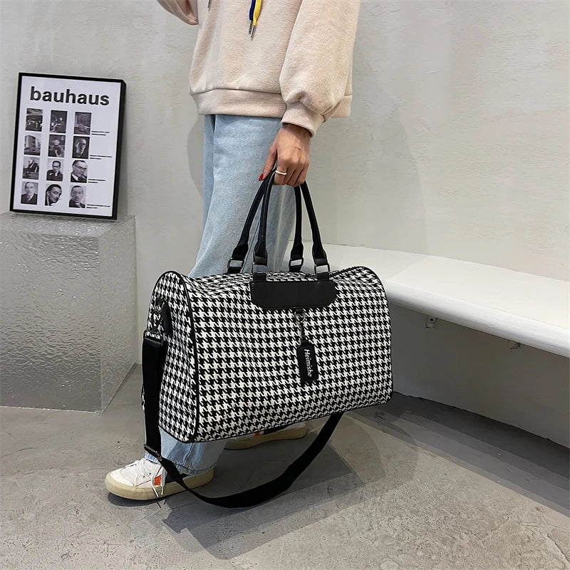 Large Houndstooth Women's Travel Bag Organizer Sports Gym Bag Weekend Duffle Handbag Shoulder Crossbody Bags Packing Cubes Totes.