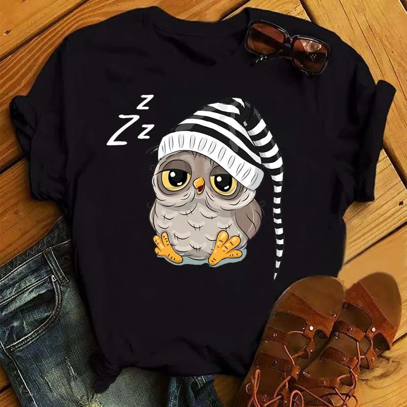 Maycaur Cartoon Owl Print T Shirt Women Kawaii Graphic Shirts Casual Short Sleeved Black Female Tee O-neck Harajuku T-shirts.