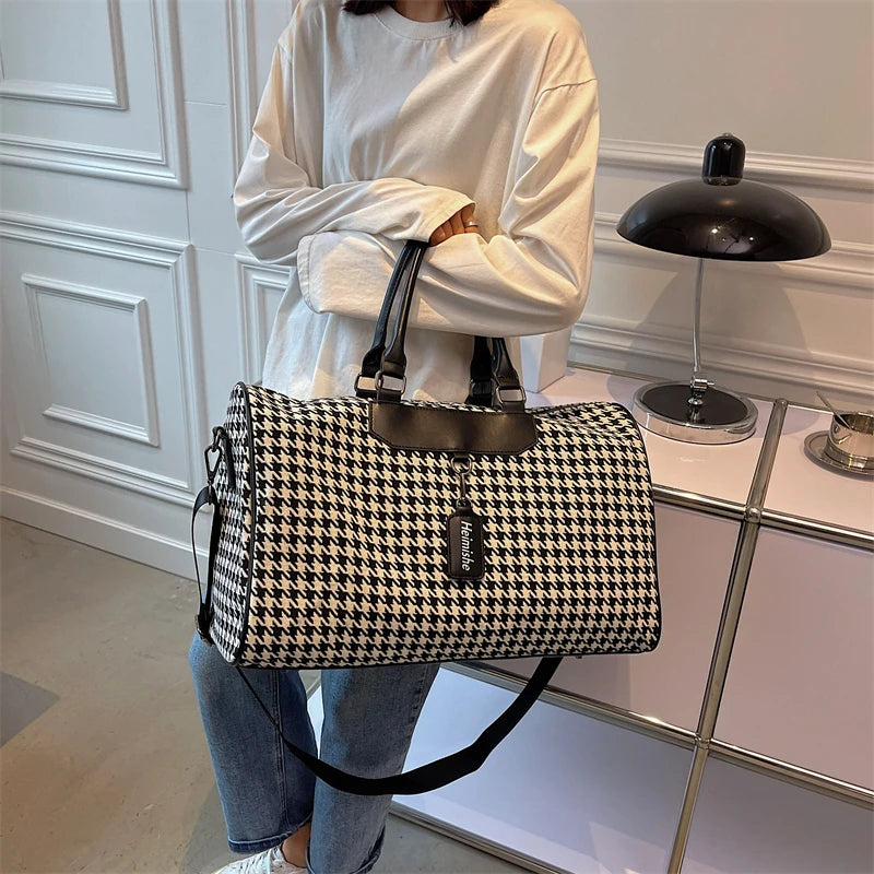 Large Houndstooth Women's Travel Bag Organizer Sports Gym Bag Weekend Duffle Handbag Shoulder Crossbody Bags Packing Cubes Totes.