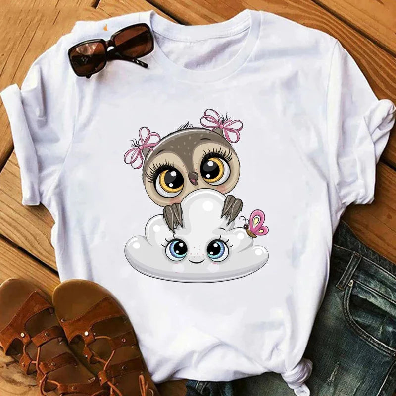 Maycaur Cartoon Owl Print T Shirt Women Kawaii Graphic Shirts Casual Short Sleeved Black Female Tee O-neck Harajuku T-shirts.