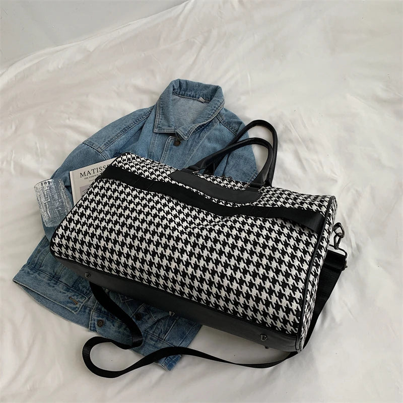 Large Houndstooth Women's Travel Bag Organizer Sports Gym Bag Weekend Duffle Handbag Shoulder Crossbody Bags Packing Cubes Totes - Elevate Your Body