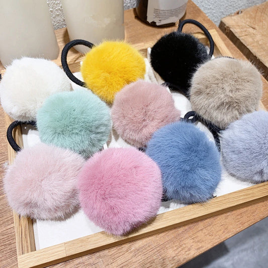 Charming Imitation Rabbit Fur Plush Hair Tie with Pompom - Elastic Ponytail Holder for Girls.