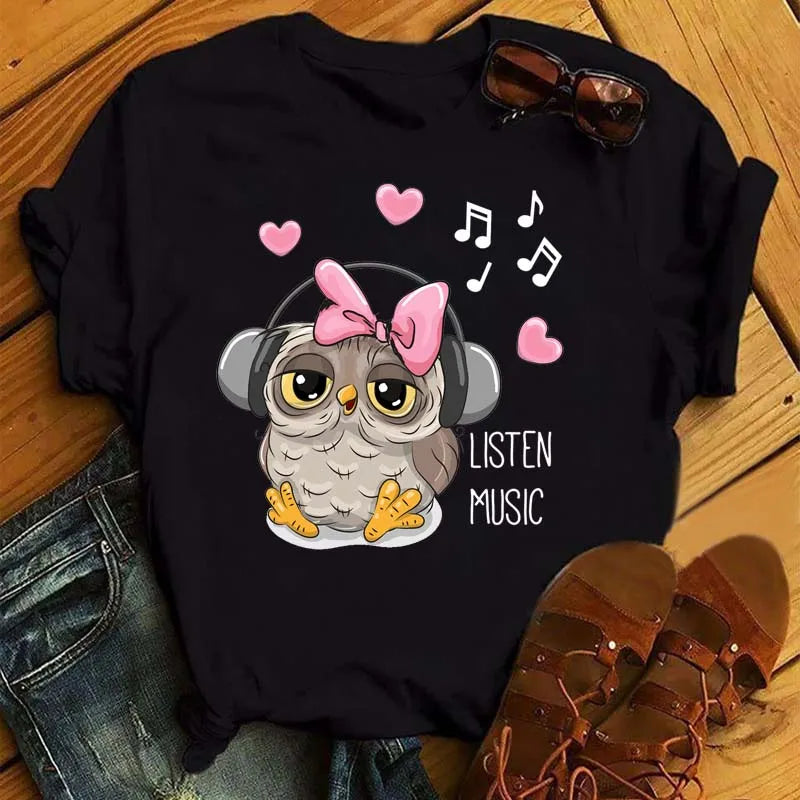 Maycaur Cartoon Owl Print T Shirt Women Kawaii Graphic Shirts Casual Short Sleeved Black Female Tee O-neck Harajuku T-shirts - Elevate Your Body