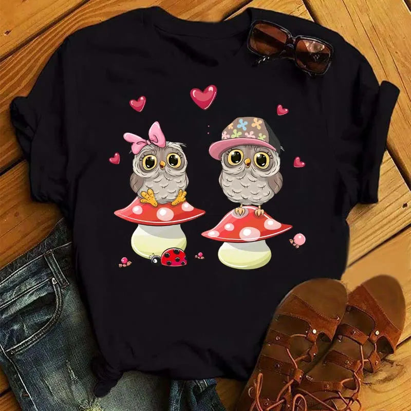 Maycaur Cartoon Owl Print T Shirt Women Kawaii Graphic Shirts Casual Short Sleeved Black Female Tee O-neck Harajuku T-shirts.