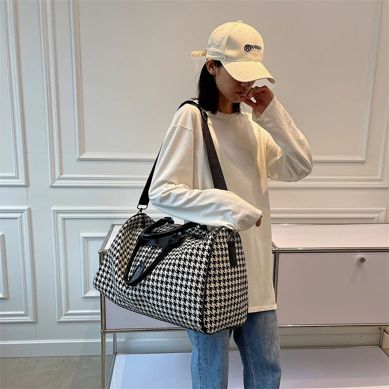 Large Houndstooth Women's Travel Bag Organizer Sports Gym Bag Weekend Duffle Handbag Shoulder Crossbody Bags Packing Cubes Totes.