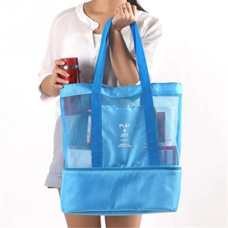 High Capacity Women Mesh Transparent Bag Double-layer Heat Preservation Large Picnic Beach Bags Tote Office Lunch Snacks Bag.