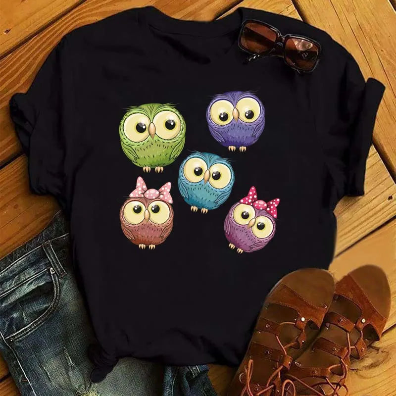 Maycaur Cartoon Owl Print T Shirt Women Kawaii Graphic Shirts Casual Short Sleeved Black Female Tee O-neck Harajuku T-shirts - Elevate Your Body