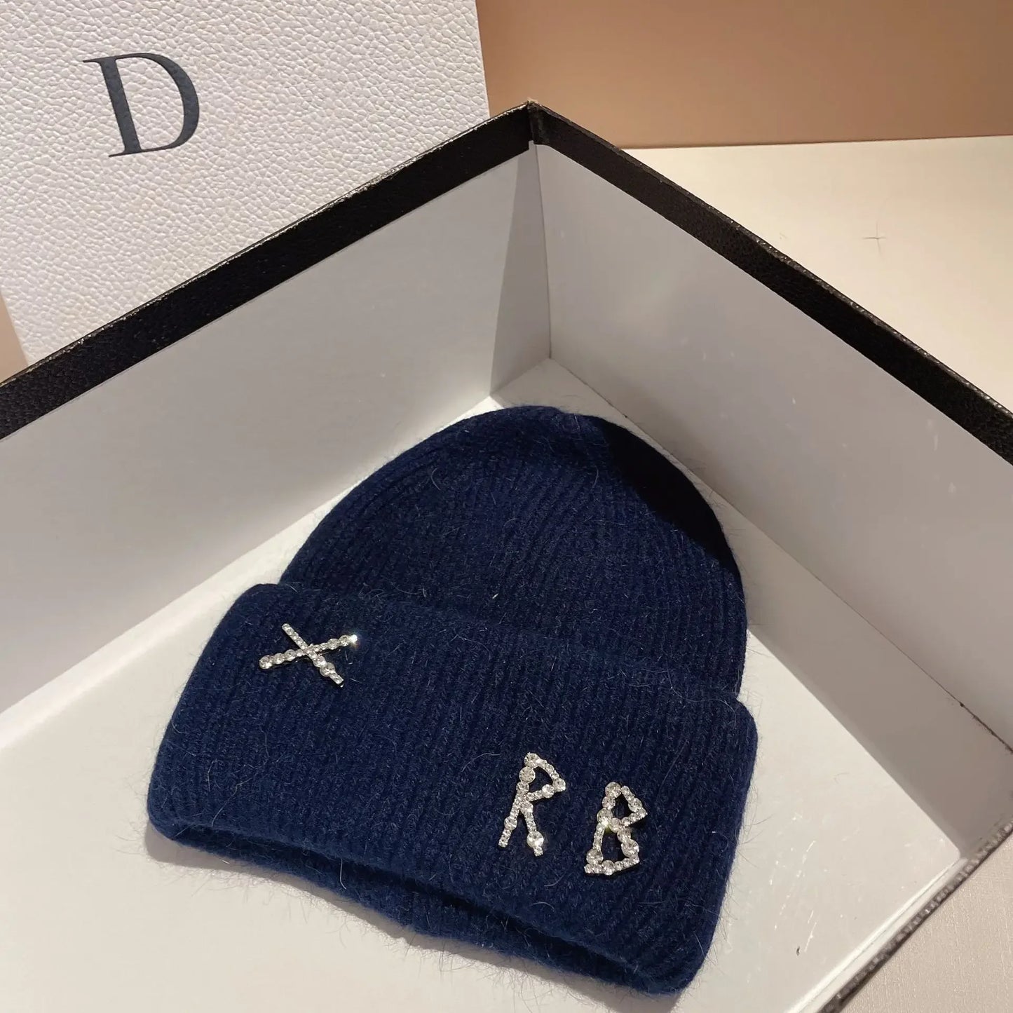 Luxury Rabbit Fur Beanie with Diamond Letters for Women - Cozy Winter Knitted Hat for Casual Outdoor Activities.