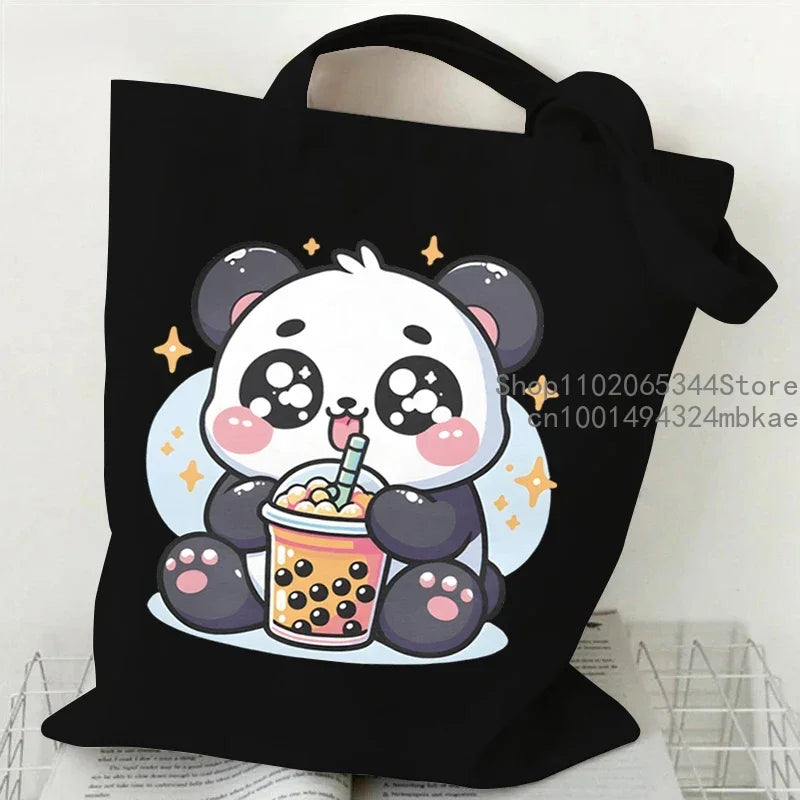 Cute Mouse Bobo Tea Pattern Canvas Shoulder Bag Women Animal Milk Tea Graphic Tote Bags Panda Frog Cartoon Women Shopping Purse.