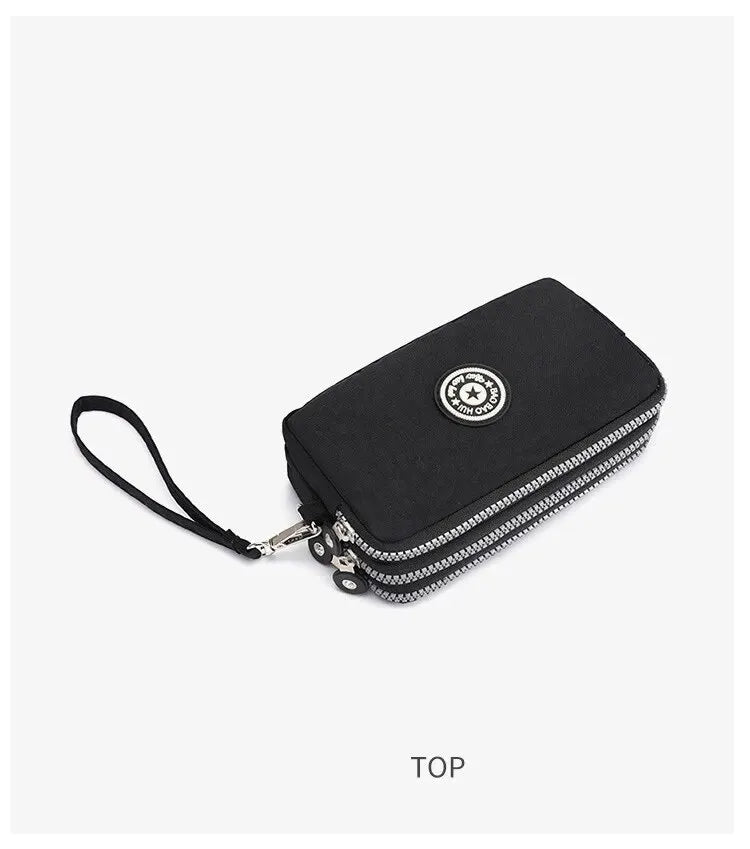 Solid Color Coin Purse Women Handbag Small Wallet Wrinkle Fabric Phone Purse Three Zippers Portable Make Up Bag