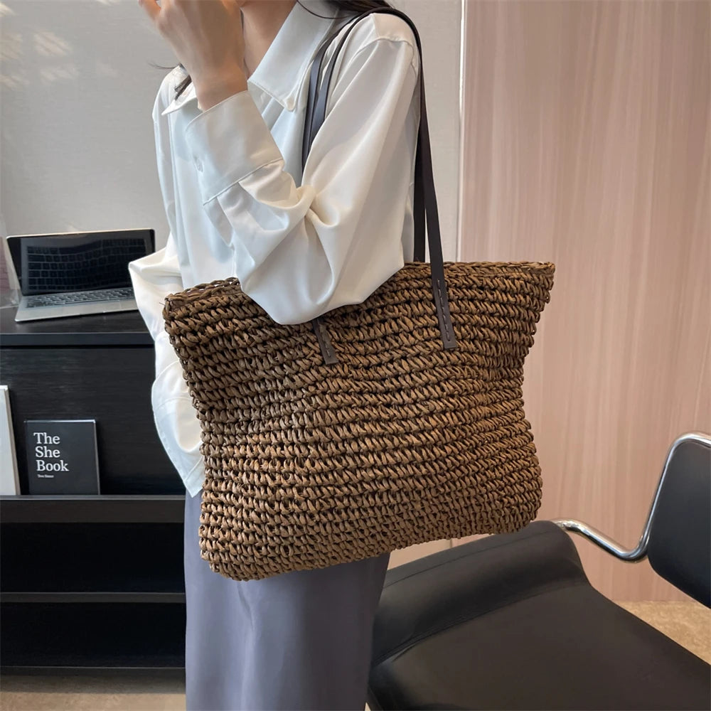 MOODS Luxury Design Straw Woven Tote Bags For Women Large Capacity Shoulder Beach Bag Pure Color Summer New Big Shopping Handbag.