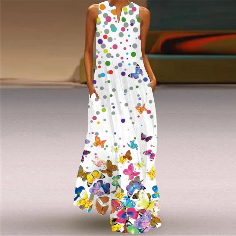 2024 New European and American Cross border Summer Long Dress Women's Sleeveless V-neck Printed Sexy.