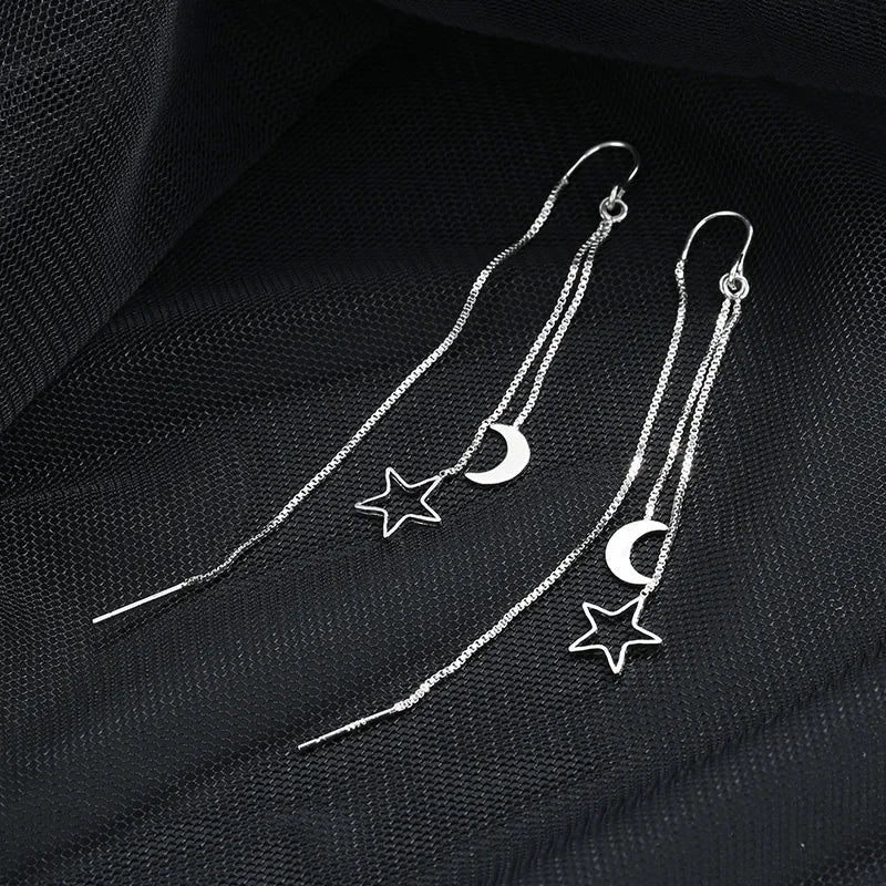 CIAXY Silver Color Earring Chain Asymmetrical Star Moon Long Tassel Earrings For Women Party Jewelry Gifts aretes de mujer.