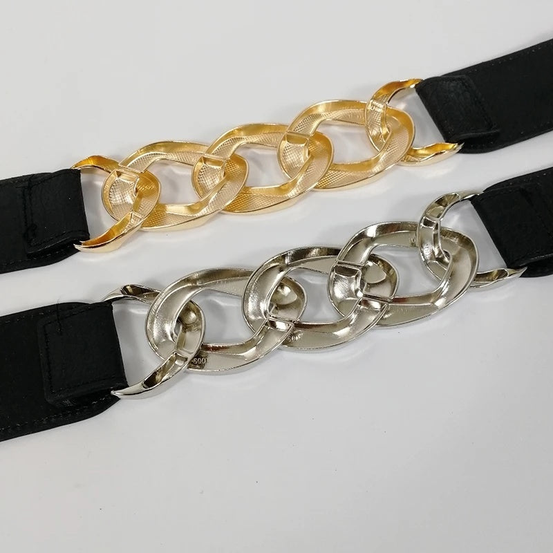 Stylish Elastic PU Leather Belt with Metal Chain Buckle and Rivet Details for Women.