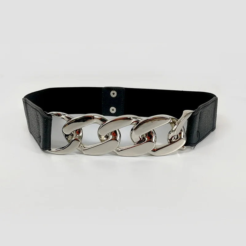 Stylish Elastic PU Leather Belt with Metal Chain Buckle and Rivet Details for Women.