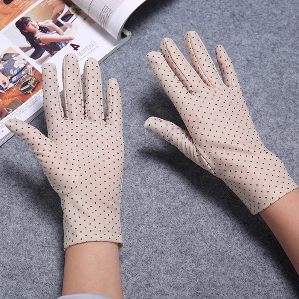 Fashionable Women's Spandex Driving Gloves for Summer Sunscreen Protection with Dots Design.