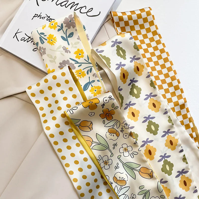 Elegant Yellow and White Silk Scarf for Women - Versatile Hair Tie and Bag Accessory for Spring and Summer.