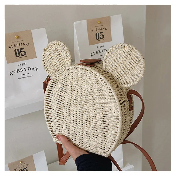 Disney 2023New Ladies Designer Straw Fancy Bag Cute Handbag Rattan Travel Leisure Vacation Small Round Beach Mickey Shoulder Bag - Elevate Your Body