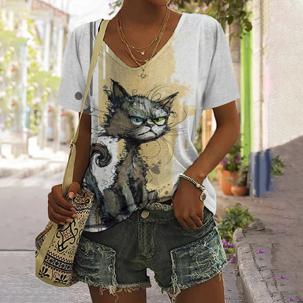 Summer Women's T Shirt Anger Cat Print Casual Short Sleeve 3d T Shirts Streetwear Crew Neck Pullover Oversized Female Clothing.