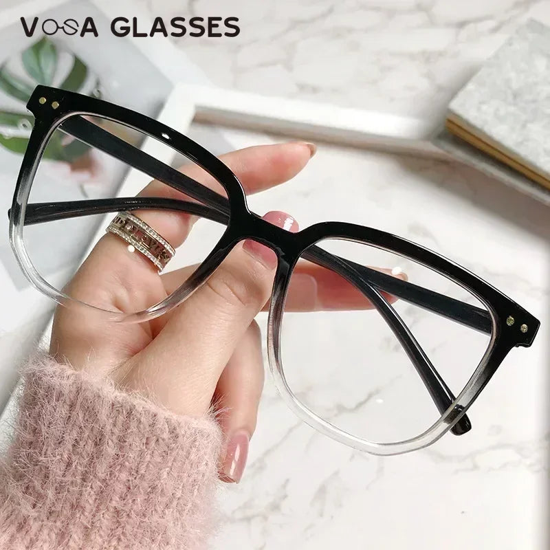 Stylish Oversized Transparent Square Myopia Glasses for Men and Women with Anti-Blue Light Lenses (-600 to 0).