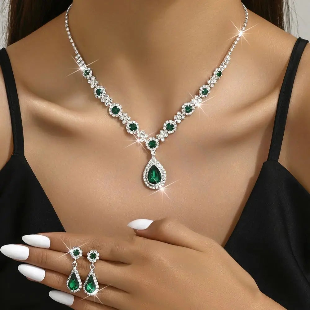 3 pieces of women's crystal droplet necklace with earrings set for wedding evening dress Elegant accessories.