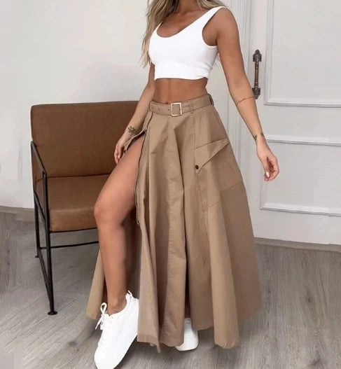 Two Piece Set Women Outfit Summer Fashion U-Neck Sleeveless Solid Color Crop Vest & Casual High Waist Zipper Slit Skirt Set.