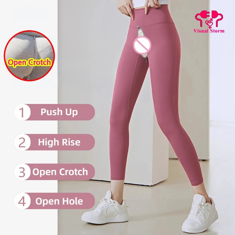 Sexy Open Crotch Push Up Leggings Women High Rise Gym Fitness Sporty Hot Pants Waist Hollow Out Fashion Cloth Erotic Clubwear.