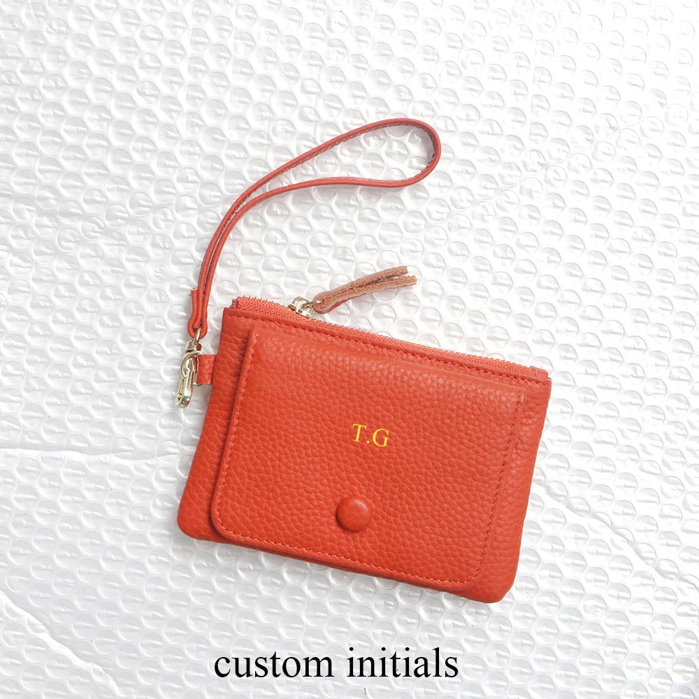 Custom Letters Women Coin Purse Genuine Leather Lady Keychain Card Holder Small Lanyard Wallet Personalize Name Zip Wristlet Bag.