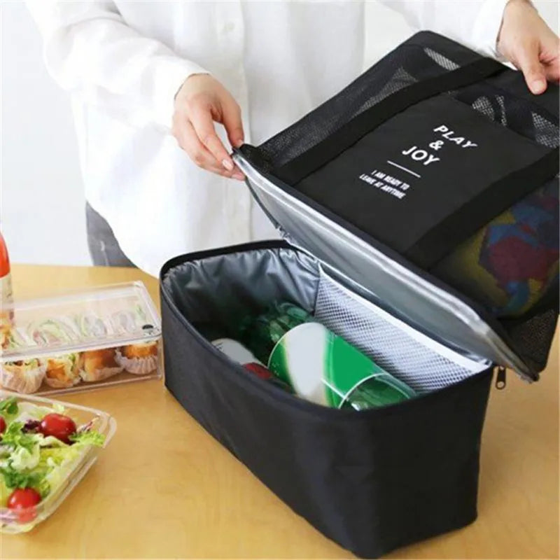 High Capacity Women Mesh Transparent Bag Double-layer Heat Preservation Large Picnic Beach Bags Tote Office Lunch Snacks Bag.