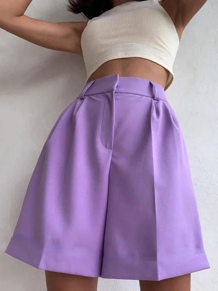 Women's Summer Shorts 2024 Long with High Waist Female Loose White Classic Knee-Length Office Wide Women's Shorts Black Candy.