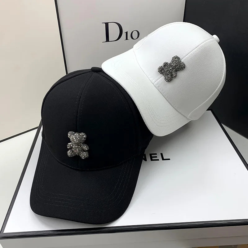 Korean Style Summer Rhinestone Baseball Cap for Women - Wild Bear Design Sun Hat for Casual Outdoor Hip Hop Fashion.