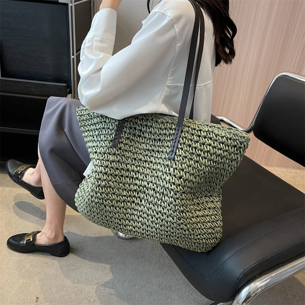 MOODS Luxury Design Straw Woven Tote Bags For Women Large Capacity Shoulder Beach Bag Pure Color Summer New Big Shopping Handbag.