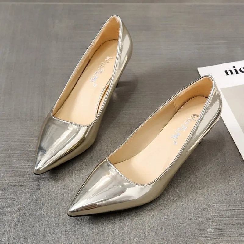 2024 Fashion Women Patent Leather High Heels Lady Pointe Toe Gold Silver Heels Pumps Female Wedding Bridal Shoes Plus Size 35-45.