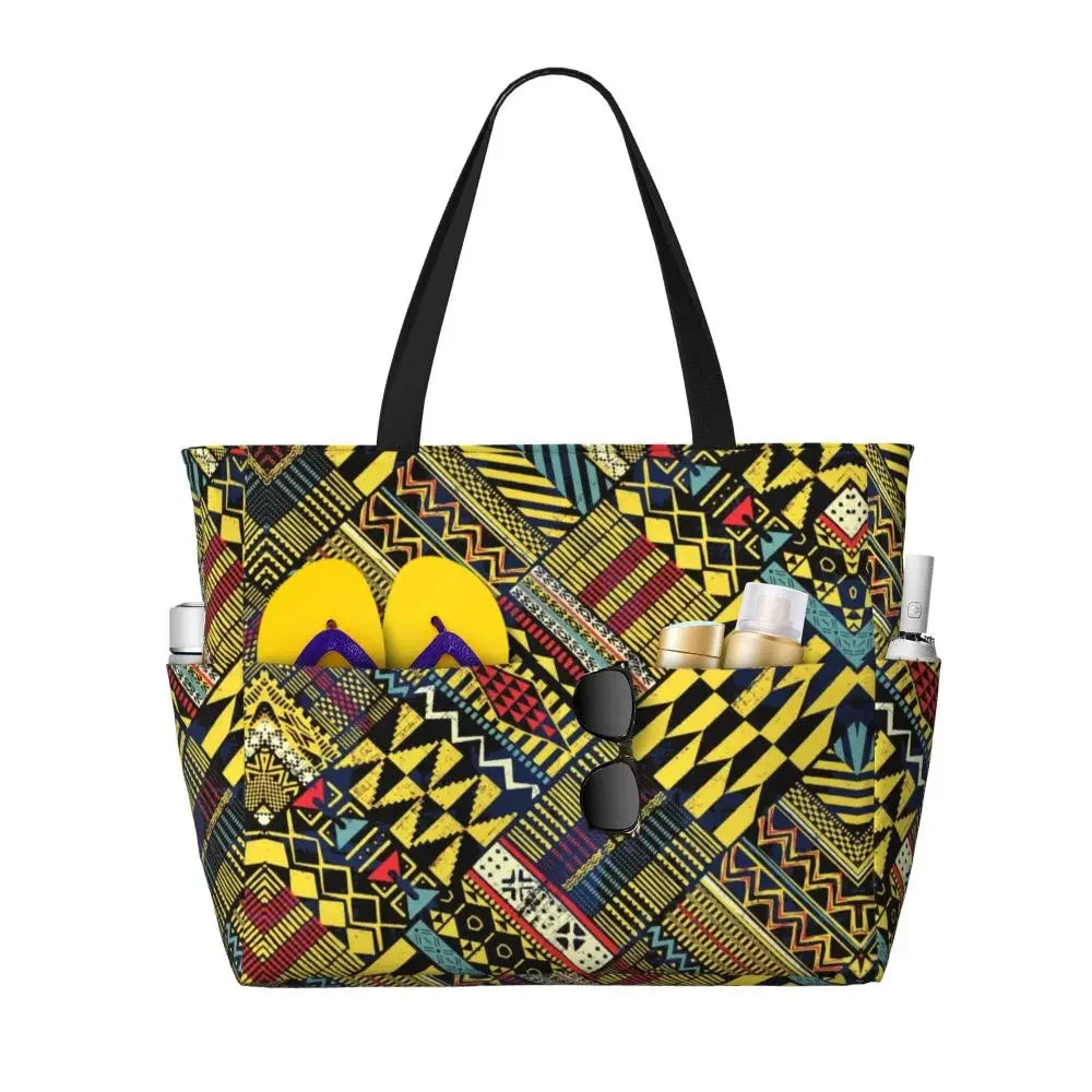 Custom African Kente Cloth Design Tote Bag for Women Large Capacity Traditional Africa Ethnic Ankara Beach Gym Travel Bags