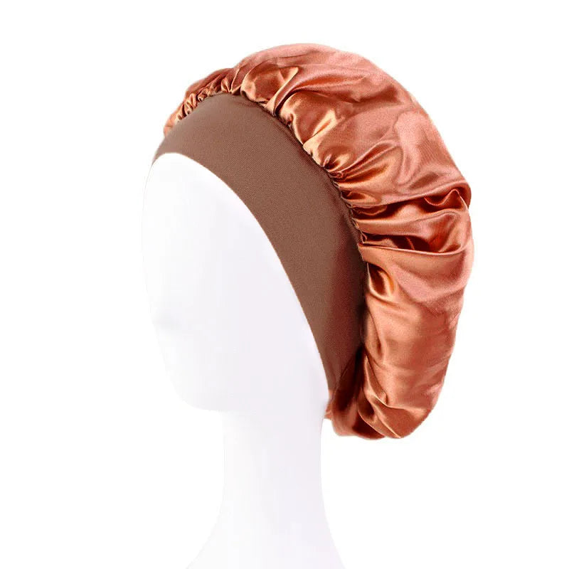 Satin Solid Wide-Brimmed Unisex Sleeping Hat - Elastic Band Hair Care Bonnet for Night Use.