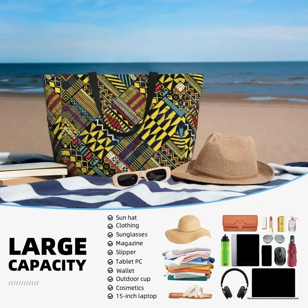 Custom African Kente Cloth Design Tote Bag for Women Large Capacity Traditional Africa Ethnic Ankara Beach Gym Travel Bags