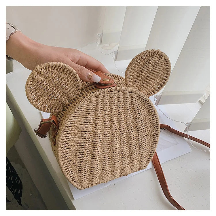 Disney 2023New Ladies Designer Straw Fancy Bag Cute Handbag Rattan Travel Leisure Vacation Small Round Beach Mickey Shoulder Bag - Elevate Your Body