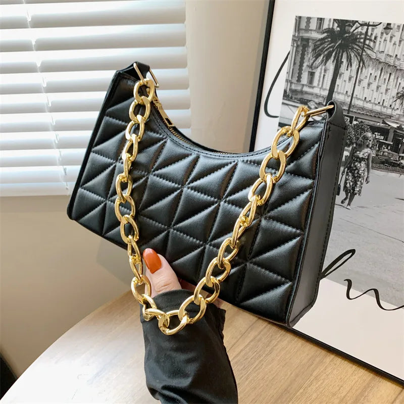 100% Polyurethane Solid Color Stitching Underarm Bag Chain One-shoulder WOMEN'S Bag.