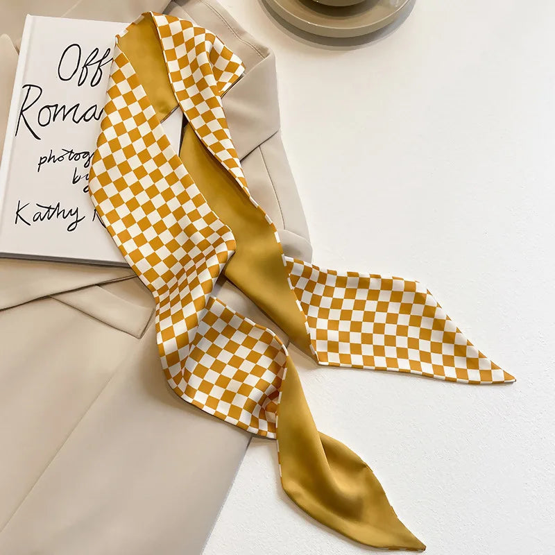 Elegant Yellow and White Silk Scarf for Women - Versatile Hair Tie and Bag Accessory for Spring and Summer.