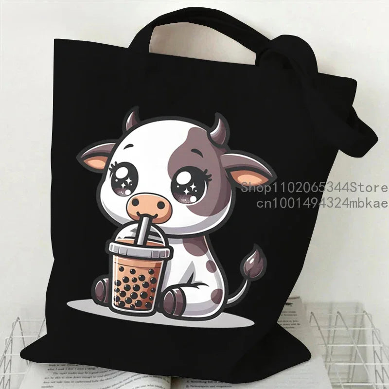 Cute Mouse Bobo Tea Pattern Canvas Shoulder Bag Women Animal Milk Tea Graphic Tote Bags Panda Frog Cartoon Women Shopping Purse.