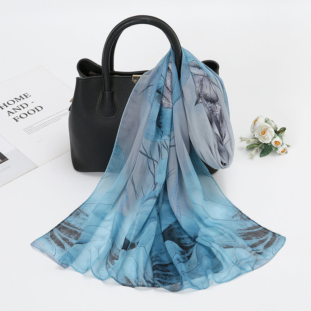 Elegant Lotus Flower Chiffon Scarf for Women - Stylish Sunscreen Accessory for Beach Travel and Holidays.