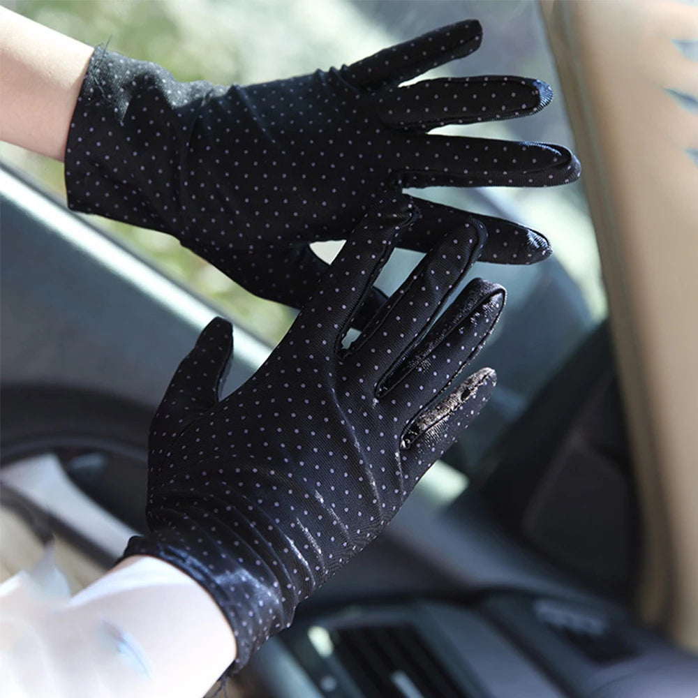 Fashionable Women's Spandex Driving Gloves for Summer Sunscreen Protection with Dots Design.