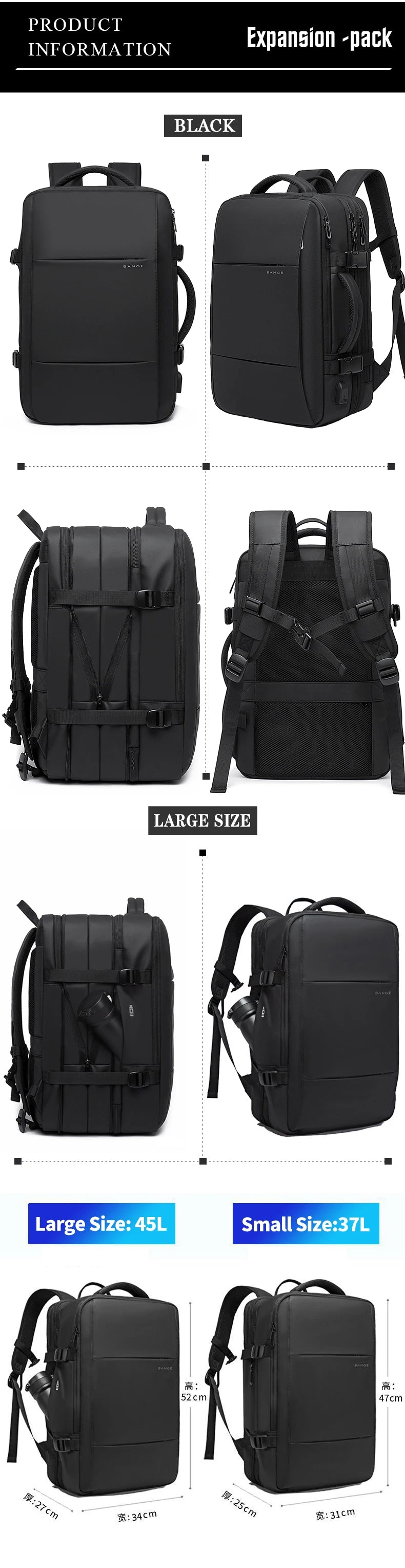 BANGE Travel Backpack Men Business Backpack School Expandable USB Bag Large Capacity 17.3 Laptop Waterproof Fashion Backpack - Elevate Your Body