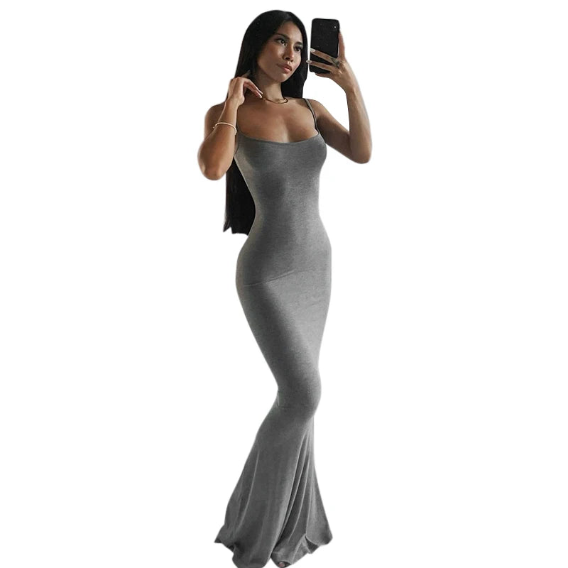 Women Backless Sexy Maxi Dress 2022 Spring Satin Slip Sleeveless Slim Party Concise платье Female Bodycon Dress Elegant Clothing - Elevate Your Body